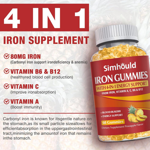 2 Pack Vegan 80MG Iron Supplement Gummies for Women & Men - Vitamin A, C, B for Adults & Kids - Blood Builder & Energy Support for Iron Deficiency...