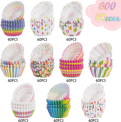 600pcs Rainbow Mini Cupcake Paper Liners, Colorful Baking Cups Muffin Paper Case Cupcakes Wrappers for Baby Shower, Cake Chocolate Candy Wrap Maki...
