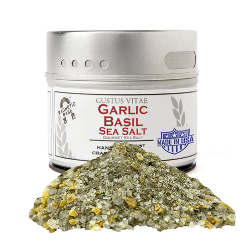 Gustus Vitae - Garlic Basil Sea Salt - Non GMO - Magnetic Tin - 2.5 Ounce - Authentic Gourmet Seasoning & Craft Spice Blend - Crafted in Small Bat...