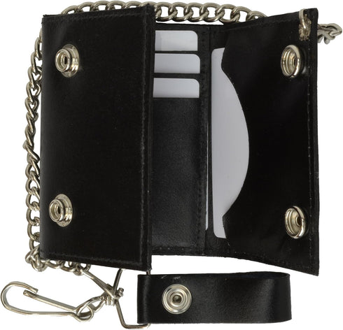 BLACK GENUINE LEATHER Trifold Biker's Wallet ID Card Holder w/Chain Skull...