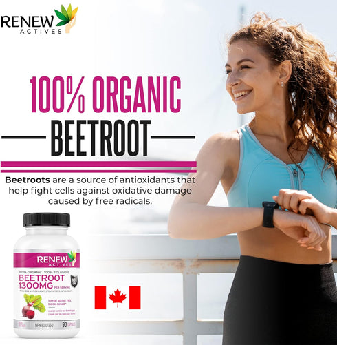 Renew Actives Organic Beetroot Supplement: 1300mg Extract for High Antioxidant Levels - Promotes Wellness - 90 Veggie Capsules...