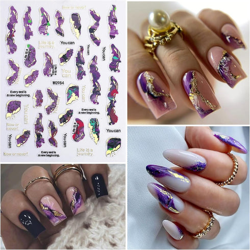 VOTACOS Marble Nail Stickers for Nail Art Nail Decals 3D Self-Adhesive Nail Supplies for Women Nail DIY Design Purple Gold Stripe Line Nail Decora...