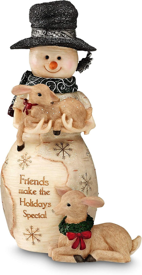 Pavilion Gift Company BirchHeart 6.25-Inch Tall Snowman Holding Fawn, Reads Friends Make The Holidays Special...