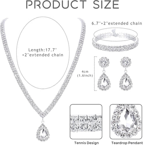 FIBO STEEL Clip on Wedding Jewelry for Bride Bridesmaid Clip Teardrop Pendant Earrings Crystal Rhinestone Tennis Necklace Bracelets Jewelry Set fo...