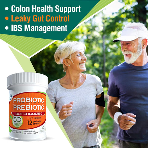 50 Billion CFU Prebiotic and Probiotic Supplement for Women and Men, 12 Strains for Daily Immune Support and Digestive Health, 30 Veggie Capsules,...