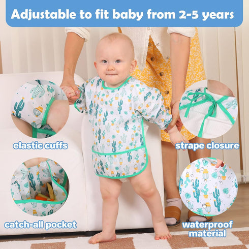 Lictin Long Sleeve Baby Bibs for Boy or Girl,Fully Waterproof Toddler Bibs,2-5 years Neutral Baby Smock for Eating,Reusable Infant Wearable Bibs f...