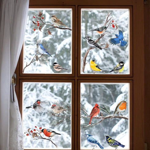 Yovkky Winter Bird Pine Tree Branch Window Clings 9 Sheet, Cardinal Bullfinch Chickadee Robin Glass Sticker Decal Snow Christmas Decor Home Kitche...