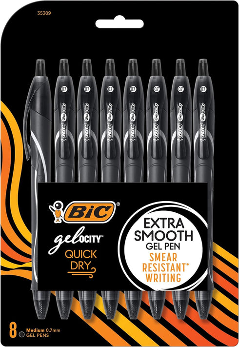 BIC Gelocity Quick Dry Black Gel Pens, Medium Point (0.7mm), 8-Count Pack, Retractable Gel Pens With Comfortable Full Grip...