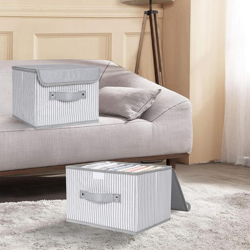 Small Fabric Storage Bin with Lid & Handle Foldable Cotton Linen Storage Basket Rectangular Cube Box Decorative Lidded Home Organizer Clothes Blan...