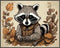 Posterizer 1 pcs- A raccoon sitting behind a table with orange leaves-Art for Animal Lovers-Floral Botanical Art- Gift for Men Women -Decor for Be...