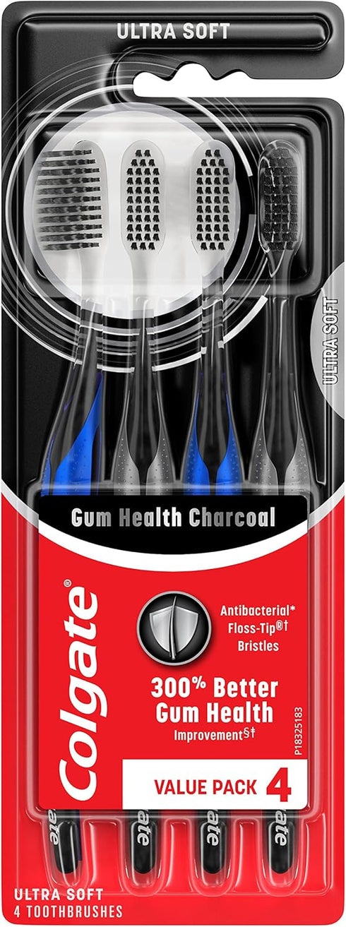 Colgate Gum Health Charcoal Adult Manual Toothbrush, Ultra Soft, 4 Pack...