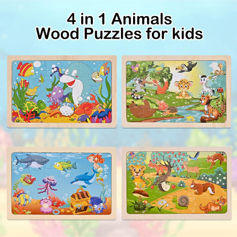Wooden Puzzles for Kids Ages 3 4 5, 4 Packs 24 PCs, Sea and Animal Puzzles for Toddlers, Toddlers Jigsaw Puzzles, Preschool Educational Learning T...
