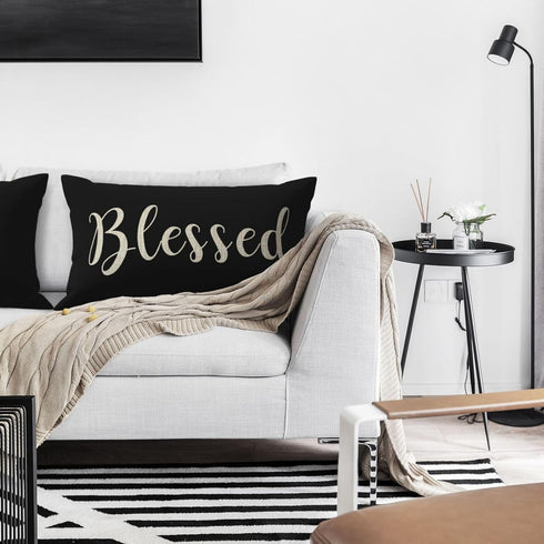 Nice Gift Inspirational Blessed Letters Words Waist Lumbar Black Cotton Linen Throw pillow case Cushion cover for Sofa home decorative Oblong 12x2...