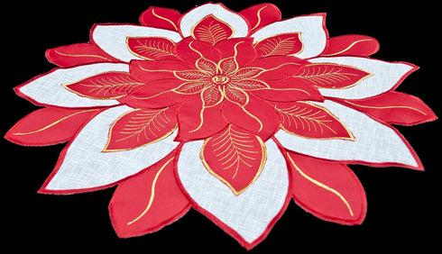 Embroidered Holiday Christmas Red White and Gold Star Poinsettia Doily Placemat Small Table Topper Doily (24 Inch Round)...
