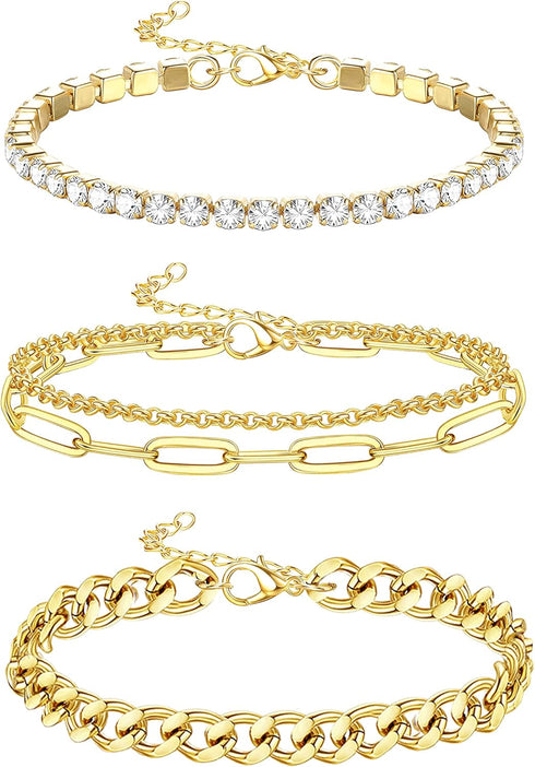 HANPABUM 3-4 PCS Stainless Steel Chain Anklet for Women Dainty Boho Tennis Ankle Bracelets Set Layered Link Paperclip Chain Anklet Adjustable Summ...