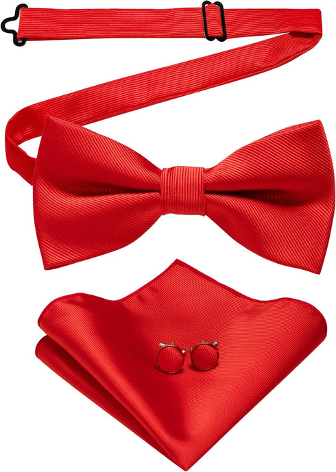 JEMYGINS Solid Color Bow Tie and Pocket Square With Cufflinks Sets for Men...