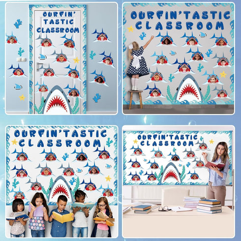 Shark Bulletin Board Kit Under The Sea Classroom Decorations Back to School DIY Photo Bulletin Board Set Ocean Theme Shark Paper Cutouts Decor for...