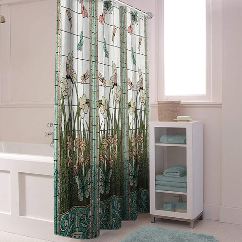 Flower Dragonfly Waterproof Bathroom Fabric Shower Curtain Bath Curtain Extra Long Shower Curtain 84 inch...
