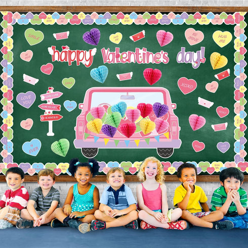 TaoBary 85 Pcs Valentine's Day Bulletin Board Set 3D Heart Honeycomb Owl Love Truck Bulletin Board Cutouts Valentine's Day Classroom Decorations f...