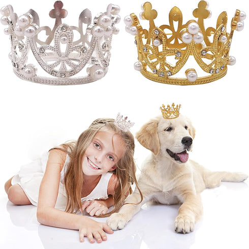 PET SHOW 2pcs Small Dog Crown Headband Puppies Rabbit Cat Hat for Birthday Party Silver Gold Rhinestone Faux Pearl Crown for Boy Girl Wedding Hair...
