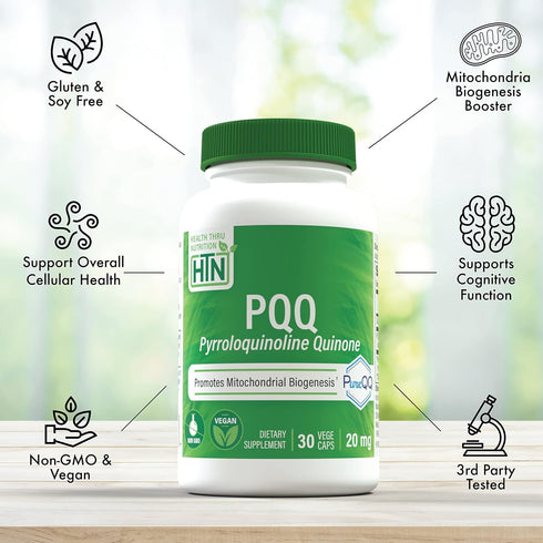 Health Thru Nutrition PQQ 20mg 30 Servings Pyrroloquinoline Quinone as PureQQ | Promotes Mitochondrial Biogenesis | Certified Vegan | Non-GMO Glut...