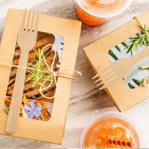 Bamboo Utensils - Natural Disposable Wooden Cutlery for Party, Eating, Camping, Picnic, Wedding, Birthday - Compostable Silverware - 8 Spoons, 8 F...