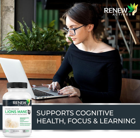 Renew Actives Organic Lions Mane Mushroom Supplement - 40% Polysaccharides, Immune Wellness & Rich in Antioxidant - 120 Capsules...