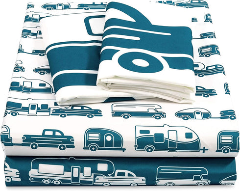 Camco Life is Better at The Campsite Queen-Size Bed Sheets | Set Includes (1) Fitted, (1) Flat Sheet and (2) Pillow Cases | Blue RV Print (53298)...