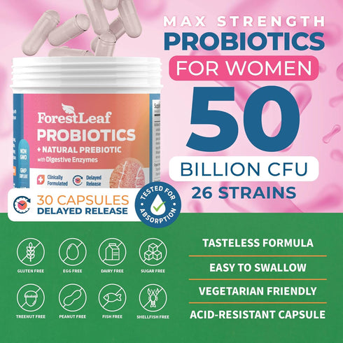 ForestLeaf Womens Probiotic 50 Billion CFU with Organic Prebiotics, Digestive Enzymes, Cranberry, D-Mannose - Prebiotics Probiotics for Women Dige...