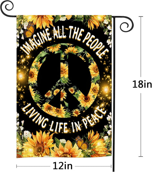 Hippie Sunflower Garden Flag Double Sided 12Wx18L Inch Imagine All The People Living Life in Peace Flag Positive Quotes Small Vertical Yard Flag f...