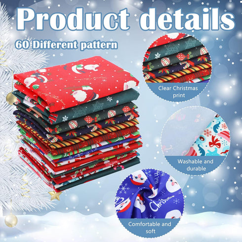 60 Pieces Christmas 10 x 10 Inch Fabric Bundles Sewing Quilting Fabric Happy Christmas Santa Claus Elk Snowflake Christmas Tree Printing Fabric Sq...