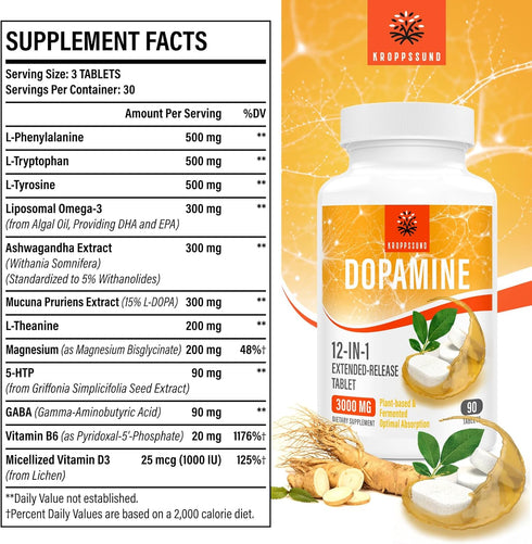 Natural Dopamine Supplement - 90 Tablets (1 Bottle)...