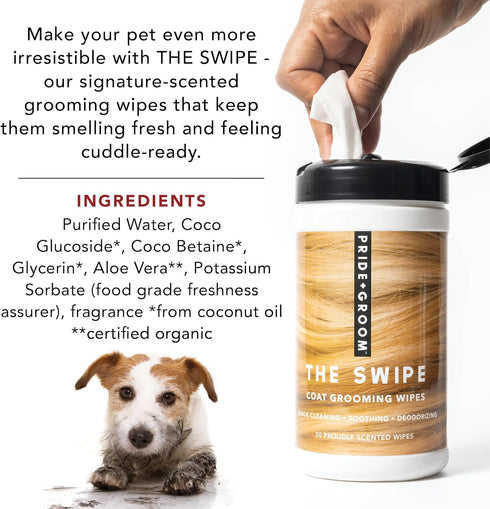 Pride and Groom The Swipe – Soothing Coat Grooming Dog and Pet Wipes with Signature Scent for Quick Cleaning & Deodorizing Face, Paw, Fur in Betwe...