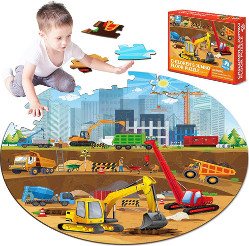Construction Jumbo Floor Puzzle for Kids 71Pcs Construction Vehicle Large Floor Round Puzzles for Toddler Ages 3-8 Construction Truck Cars Theme D...