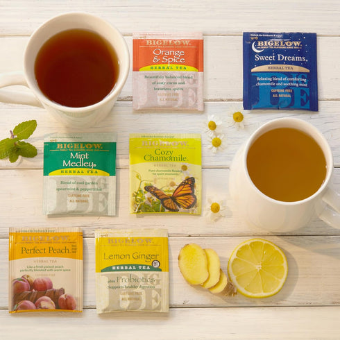 Bigelow Tea Caffeine Free 6 Flavor Herbal Tea Variety Pack, Decaf Tea with Mint Medley, Cozy Chamomile, Orange and Spice, Sweet Dreams, Perfect Pe...