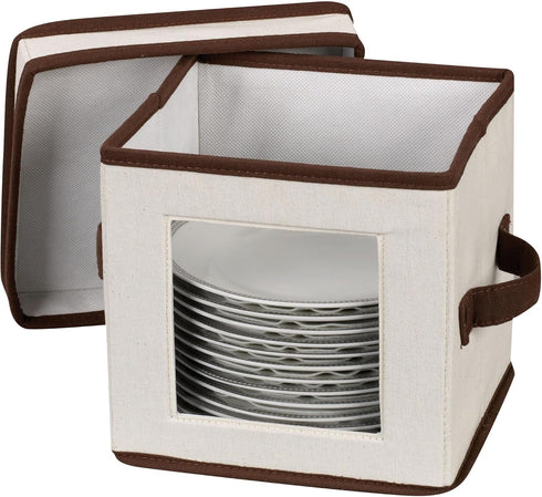 Household Essentials 534 Dinnerware Storage Box with Lid and Handles | Chest for Salad Plates | Natural Canvas with Brown Trim...