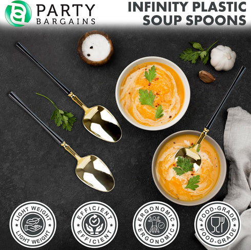 Party Bargains Disposable Plastic Black Gold Soup Spoons, Infinity Modern Design Utensils, 20 Pack...
