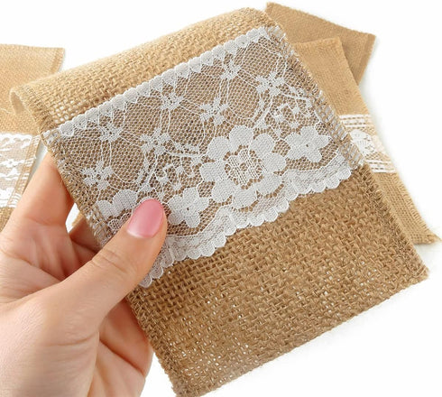 FQTANJU 50 PCS 4"x8" Burlap Lace Utensil Cutlery Holders Pouch Silverware Holder Knifes Forks Bags Burlap Napkin Bag for Rustic Wedding Party Deco...