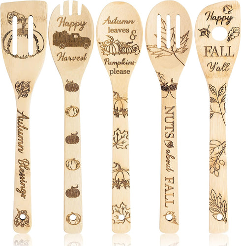 5Pcs Autumn Theme Wooden Spoons Utensils Set, Fall Pumpkin Cooking Utensils Non-Stick Spatula Carve Burned Bamboo Spoons Kitchen Cookware Gadget K...