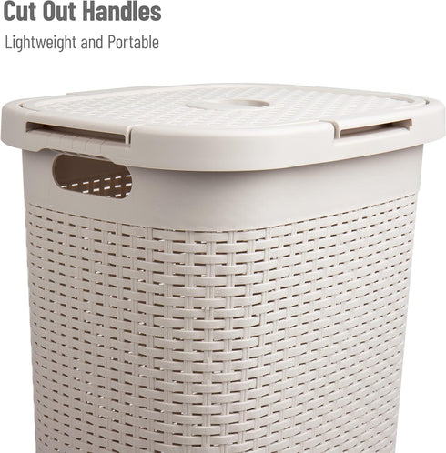 Mind Reader Slim Laundry Hamper with Lid, 60L Clothes Basket, Wicker Design, Plastic, 17.65"L x 13.75"W x 24.15"H, Ivory...