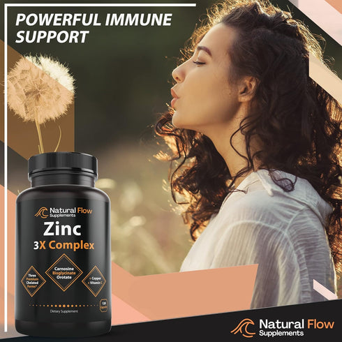 Zinc Supplement Complex with Copper and Vitamin C - Natural Flow 3X Zinc Carnosine, Bisglycinate Chelate, and Orotate, Chelated Zinc Copper, Easy ...