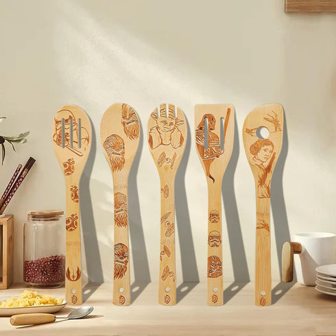 5 PCS Star Wars Burned Wooden Spoon,Star Wars Gifts for Men,Funny Mothers Day Gifts,Baby Yoda Gifts for Women,Slotted Wooden Spatula Utensil Set f...