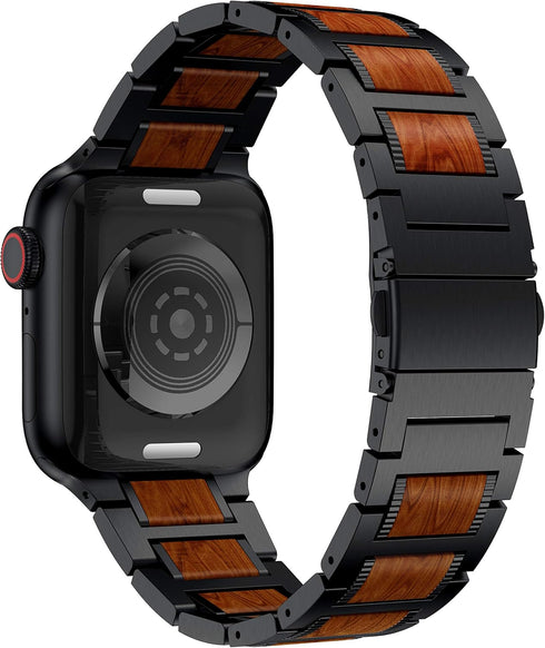 Compatible for Apple Watch 49mm 45mm 44mm 42mm Bands, Red Sandalwood Wood Stainless Steel Replacement Wrist Strap for Apple Watch Ultra & SE Serie...