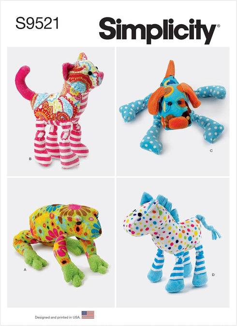 Simplicity Frog, Cat, Dog, and Horse Plush Animal Sewing Pattern Kit, Code S9521, One Size, Multicolor...