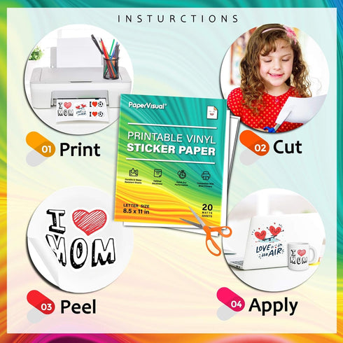 Printable Permanent Vinyl Paper - 20 Sticker Sheets For Printer - Matte White Waterproof Sticker Paper - Thick Tear-Resistant Sticker Printer Pape...