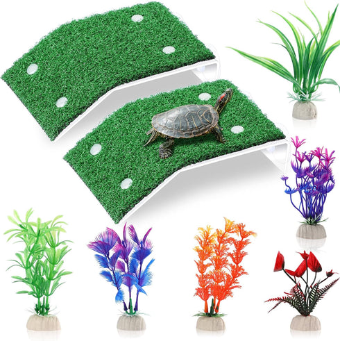 2 Pcs Turtle Basking Platform Ramp Medium Tortoise Terrace Resting Ladder Simulation Lawn and 6 Pcs Artificial Plastic Aquarium Plants Turtle Tank...