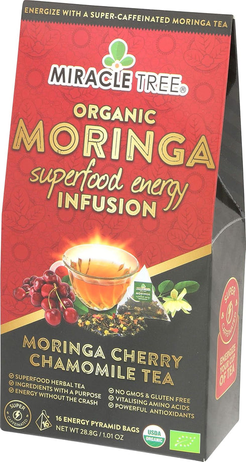 Miracle Tree's Moringa Energy Tea - Cherry Chamomile Tea | Super Caffeinated Blend | Healthy Coffee Alternative, Perfect for Focus | Organic Certi...