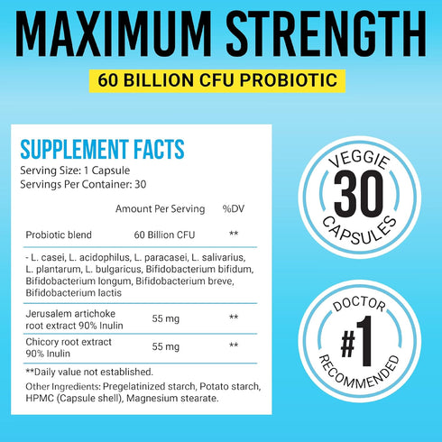 BIGJOHNLAB® Probiotics 30capsules 1month supply Women & Men 60 Billion CFU 10 Strains + Organic Prebiotics Immune, Digestive Gut Health Supports O...