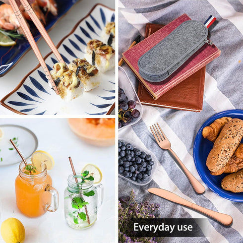 LIANYU 8-Piece Portable Utensils Set, Stainless Steel Copper Travel Silverware Set, Reusable Flatware Cutlery with Straws Chopsticks, Gray Case...
