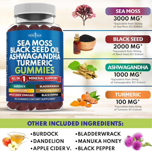 Sea Moss Gummies, Sea Moss 3000mg, Black Seed 2000mg, Ashwagandha 1000mg, Turmeric, Manuka Honey, ACV, Dandelion, Black Pepper, Burdock, Bladderwr...